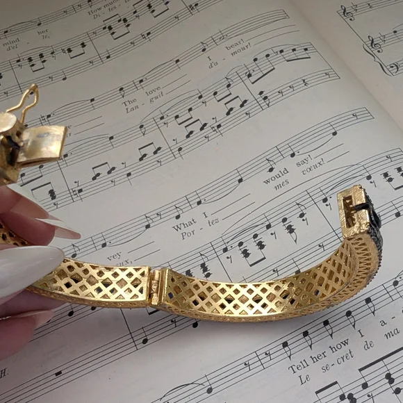 Gold-Tone Blue Sapphire Halo Bangle Bracelet - Picture 6 of 12